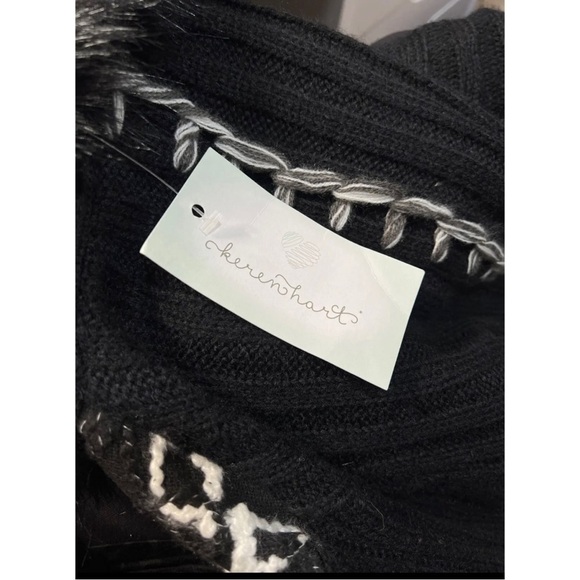 Keren Hart Sz M Long Duster Sweater Cardigan Black Faux Fur Collar NEW - Picture 6 of 12